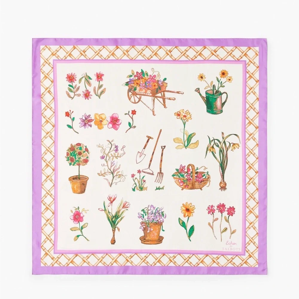 Echo for Talbots Silk Scarf Floral Garden Print Purple Square